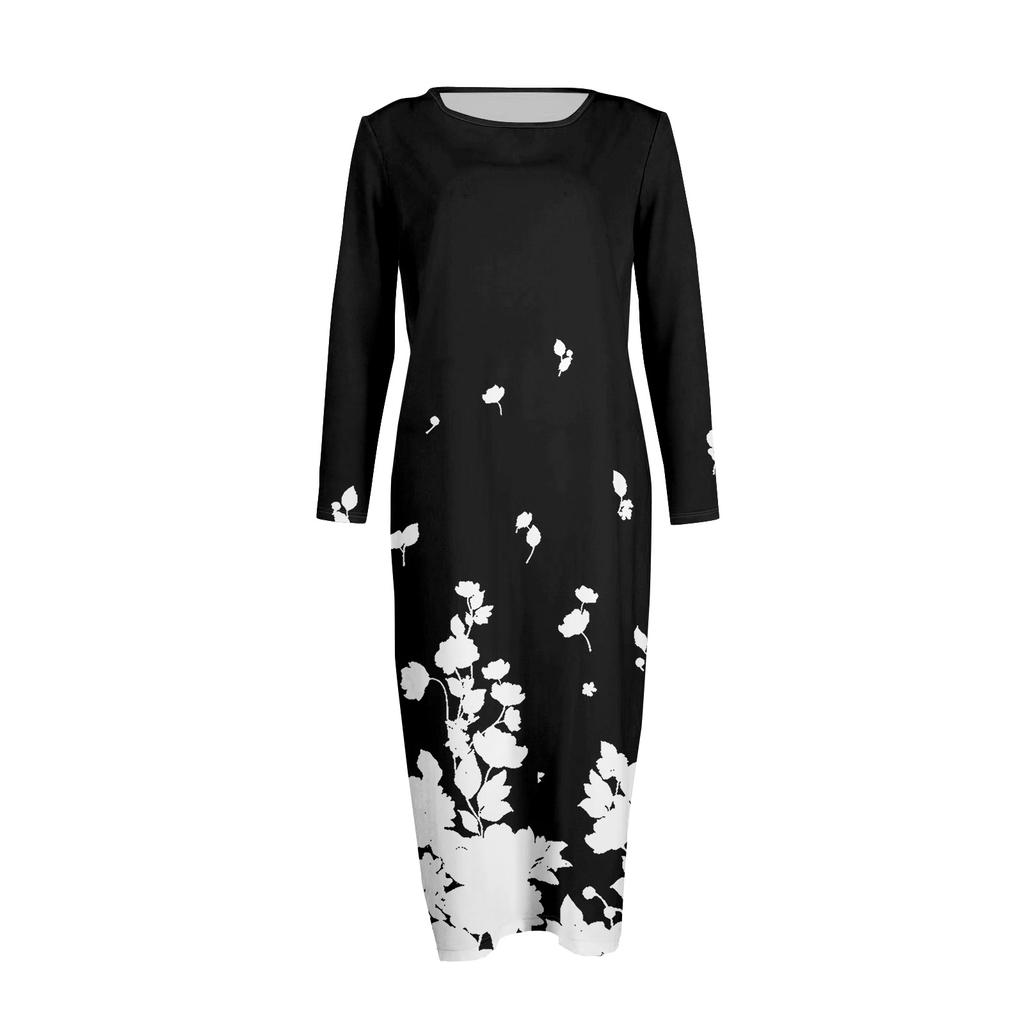 Women's Fashionable Casual Long-Sleeved Round Neck Floral Print Zipper Dress