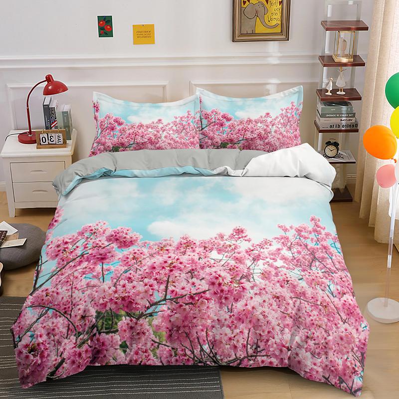 Plum Blossom Duvet Cover Set King Pink Flower Quilt Cover For Girls Microfiber Branches Printed Japanese Ink Style Bedding Set