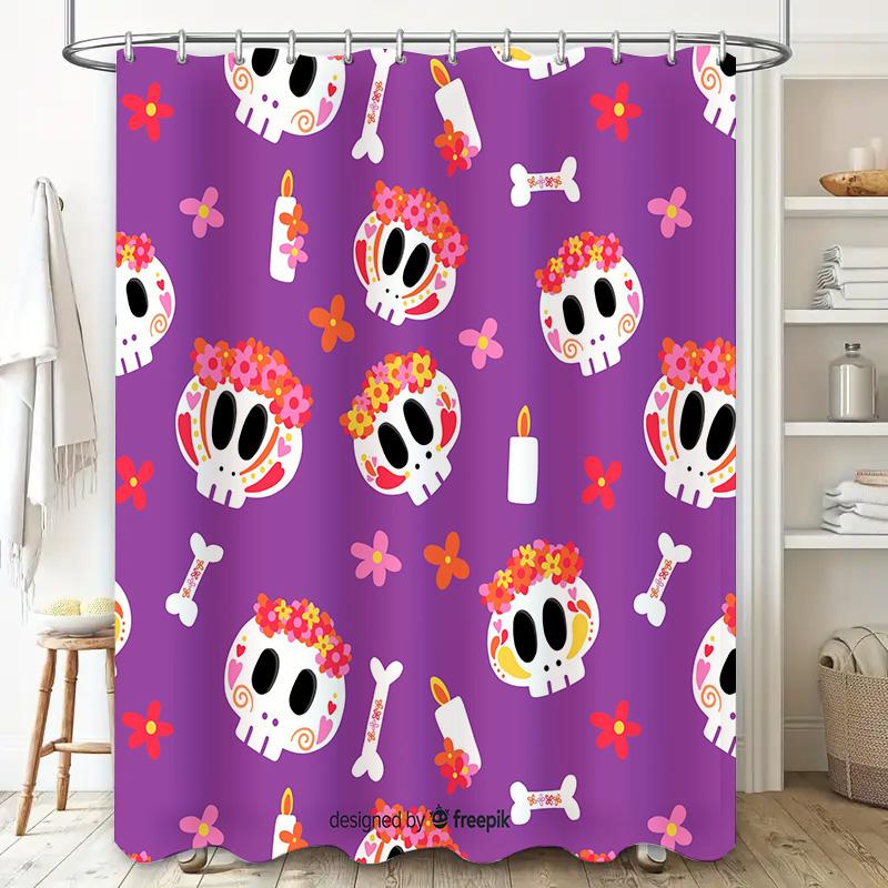 Vibrant Sugar Skull Shower Curtain Halloween Decor for Bathroom Waterproof Fabric Purple Background with Flowers Candles Perfect