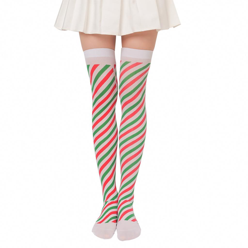 Women Cartoon 3D Plush Toy Striped Over Knee Long Socks Bowknot Thigh High Stockings for Christmas Cosplay Costume