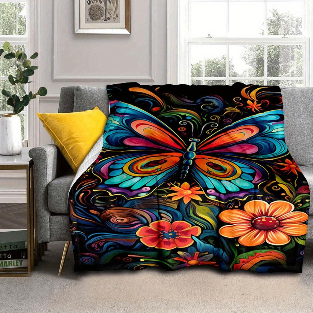 1pc Butterfly Print Blanket, Flannel Blanket, Soft Warm Throw Blanket Nap Blanket For Couch Sofa Office Bed Camping Travel