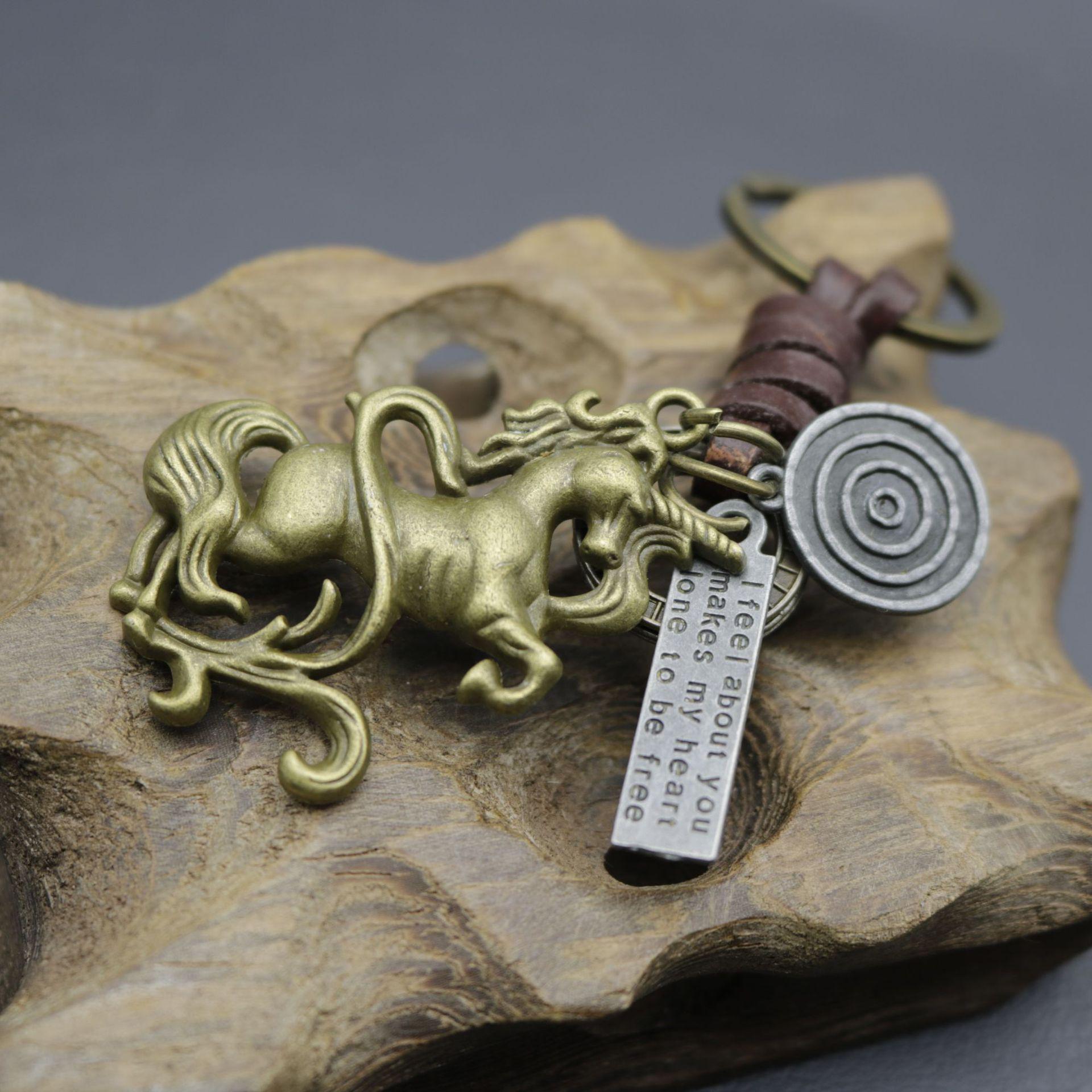 Men s Antique Bronze Unicorn Cowhide Leather Keychain