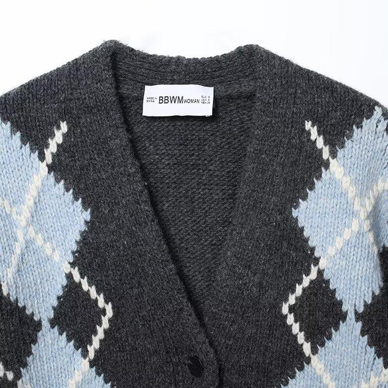 European and American Style, New Women's Clothing, Fashionable Versatile Rhombus Pattern Round Neck Pullover Knitted Long-sleeved Jacket