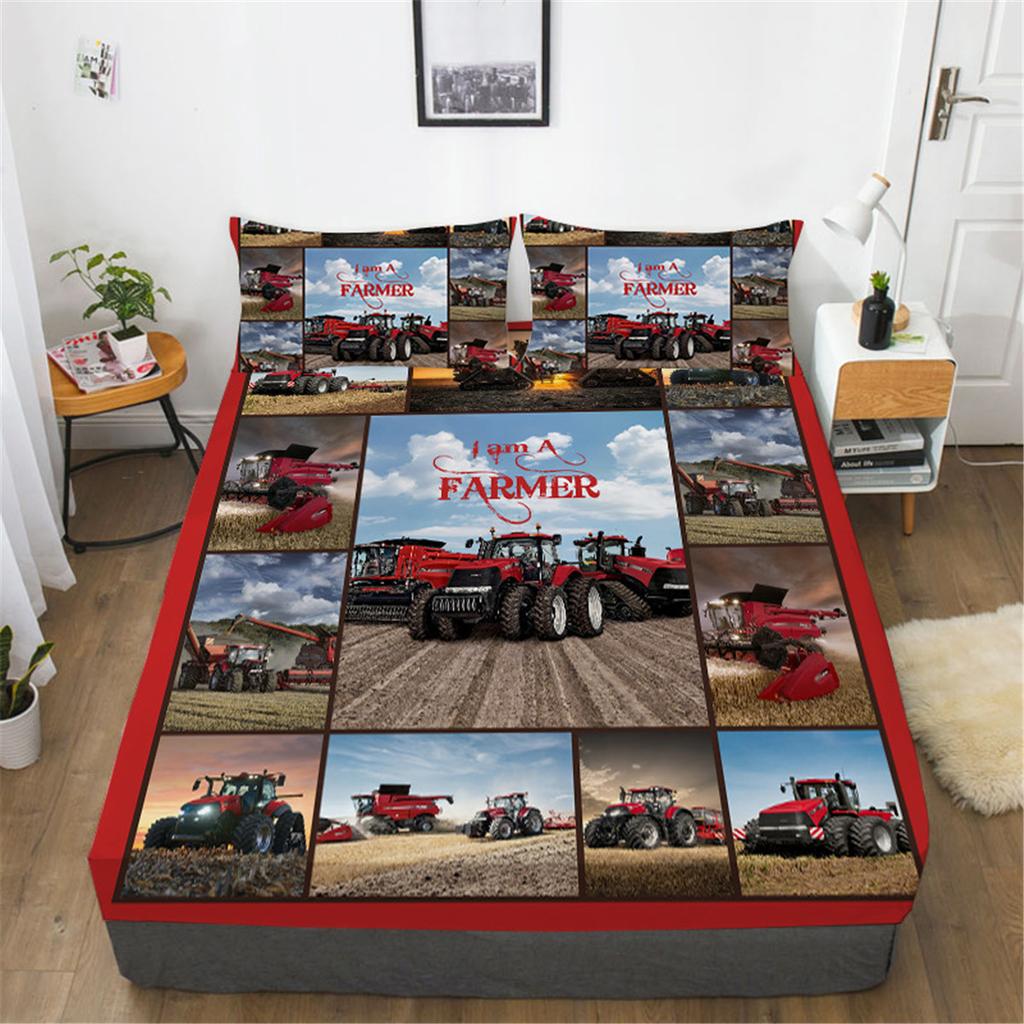 3D Tractor Fitted Sheet Kids Farm Equipment Trucks Bedding Set for Boys, Tractors Vehicles Bed Sheet Set Breathable Bed Cover