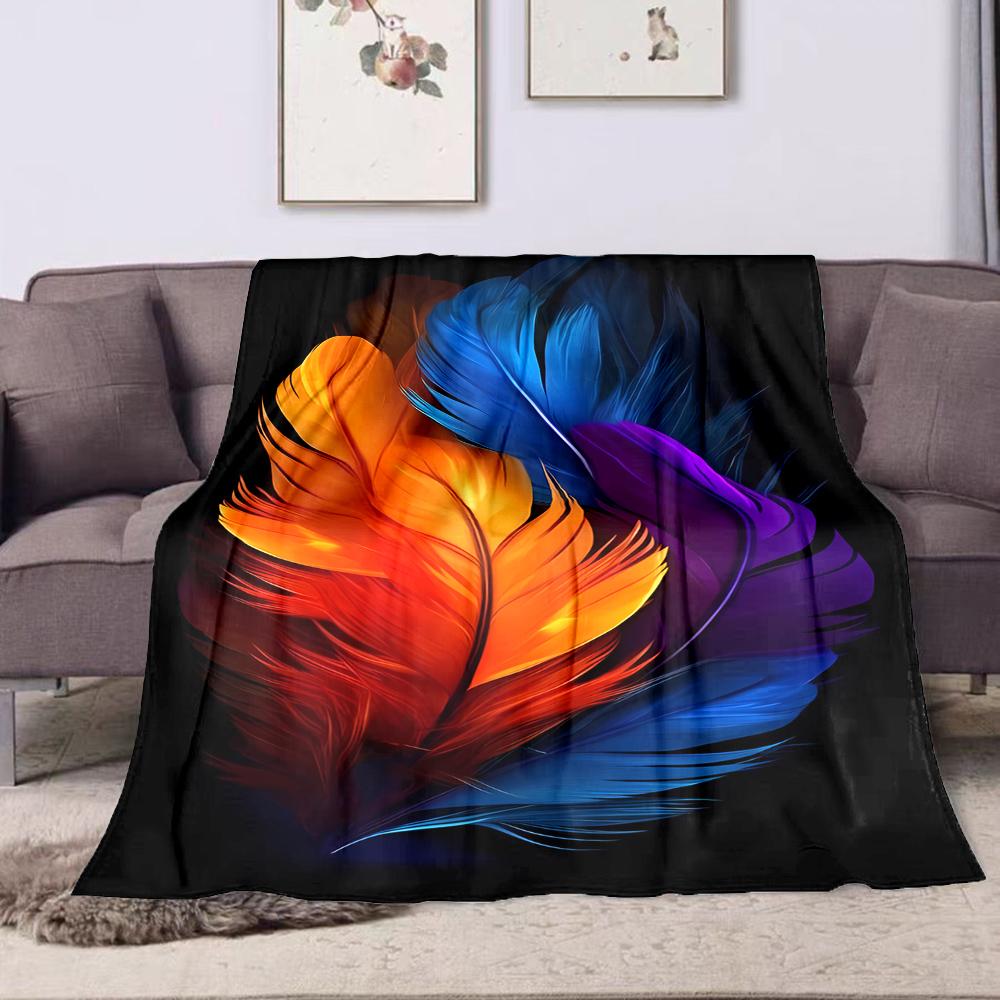 Colorful Feather Art on Black Background Patterned flannel blanket perfect for the bedroom living room, sofa, or a little nap