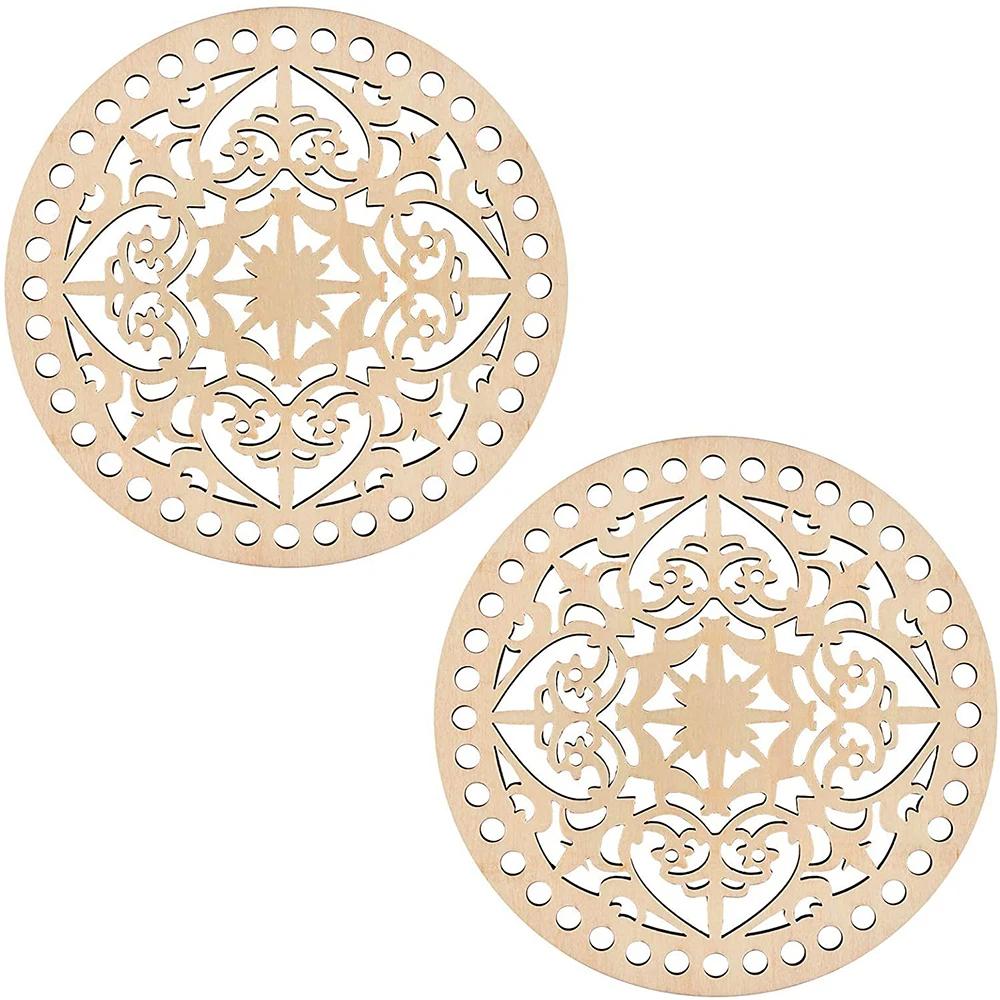 2Pcs Wooden Creative Circular Hollow Pattern Bag Base DIY Wooden Weaving Products And Home Decoration