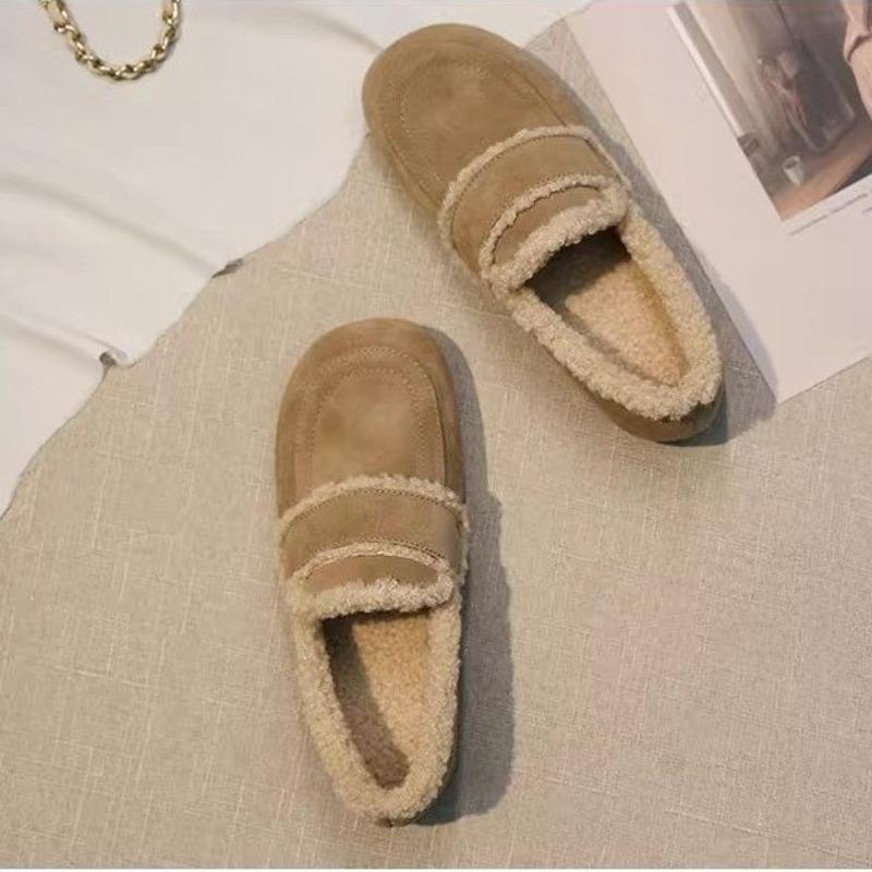 Flat heel comfortable Doudou shoes women's soft leather one-pedal cotton single shoes versatile flat-soled fluffy shoes warm and velvet