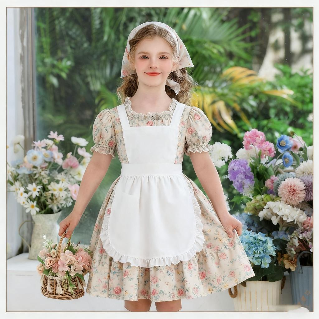 Girls Maid Clothes 3 Piece Set Pastoral Floral Dress Kids German Munich Oktoberfest Costume Sweet Children's Lolita Prom Dress