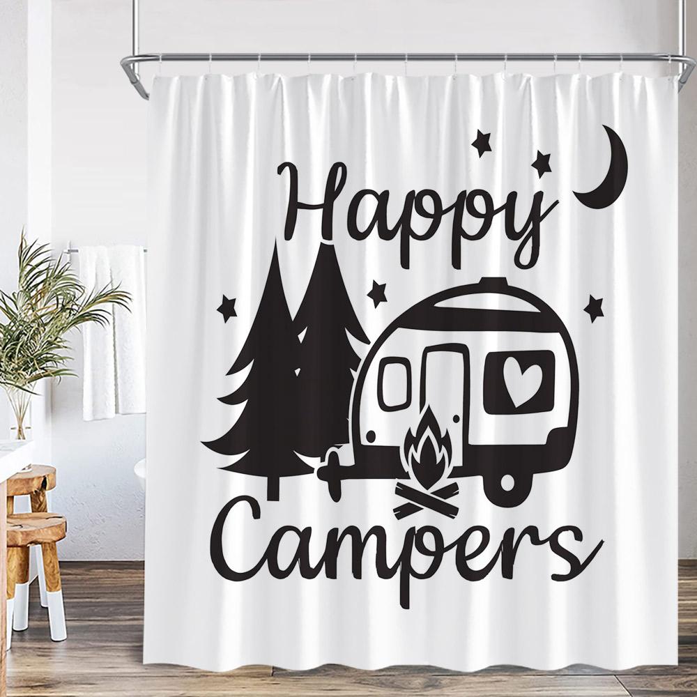

Camper Shower Curtain Happy Camping Adventure Campsite Forest Vintage Bathroom Decor Polyester Retro Bathtub Curtain With Hook W60H190(CM)-1 Pcs