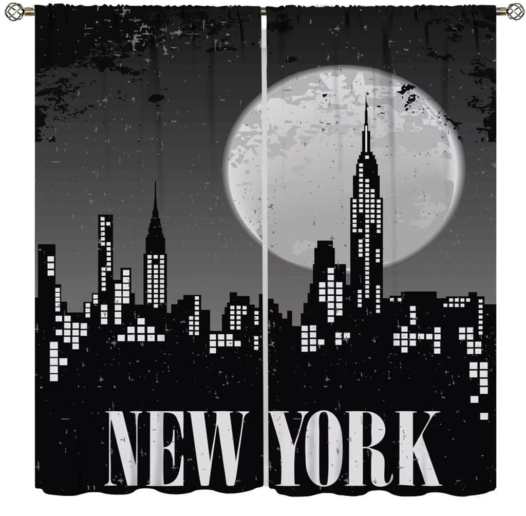 Starry Urban Nightscape Blackout Curtain 2 Panels Water Reflection City Building Print Window Drape for Bedroom Gaming Studio