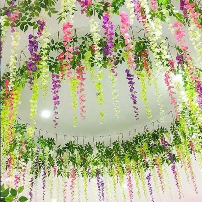 12pcs Fashion Wisteria Artificial Flowers Vine Wreath Wedding Arch Decoration Leaf Rattan Trailing Silk Flower Ivy Wall Decor