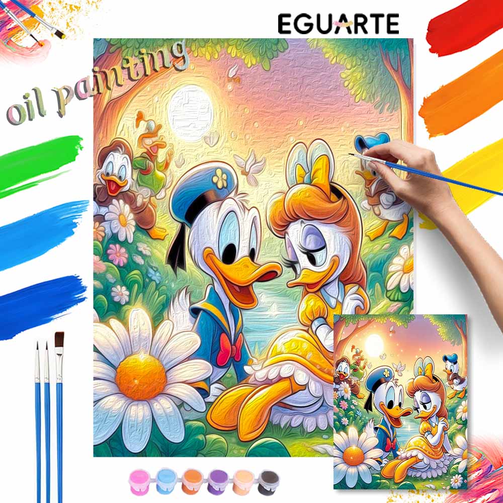 Disney Donald Daisy Duck Oil Paint Art Painting Kit Home Wall Decor Handmade Gift Garden Flowers Romantic Sunny Scene Craft Supplies DIY