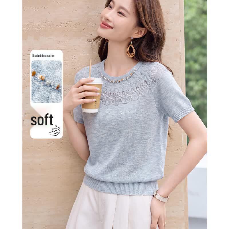 TERRE BLEUE Women s Hollow Knit Short Sleeve T-Shirt F