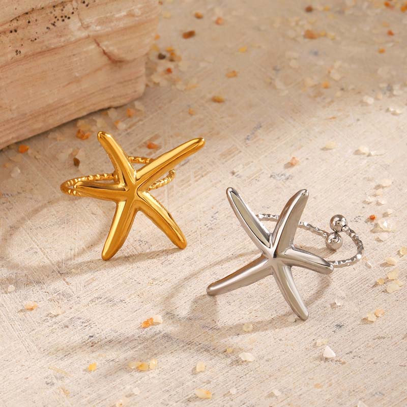 Stainless Steel Gold Color Starfish Open Rings For Men Women Vintage Metal Irregular Star Adjustable Finger Rings Beach Jewelry