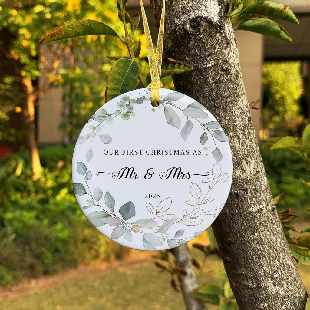 Our First Christmas Married Ornament 2025,Wedding Gifts for Couples Unique Decoration,First Year Newlywed Mr and Mrs Hanging 2.9" Ceramic Round