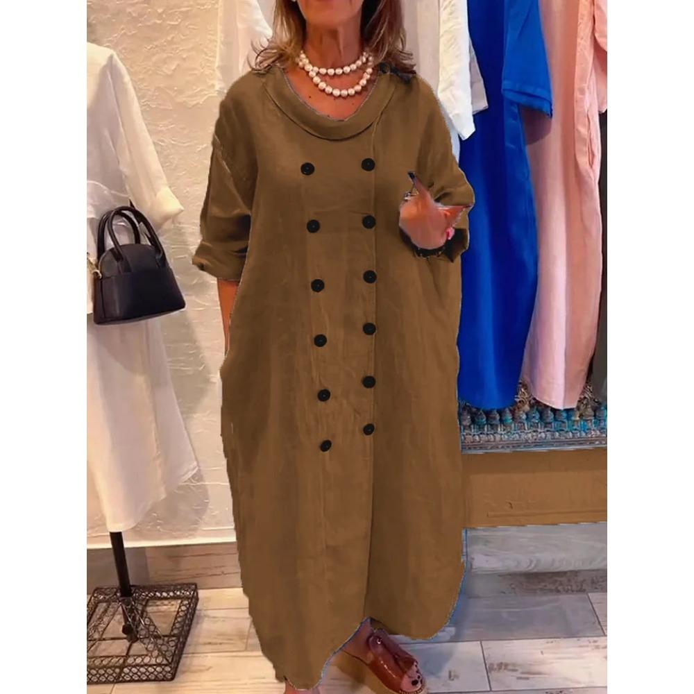 

Новое женское свободное однотонное повседневное платье для отпуска на пуговицах в художественном стиле 5XL хаки
