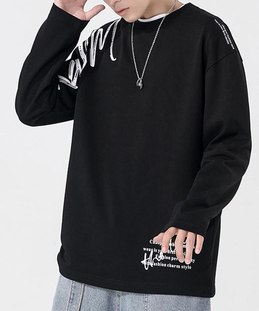 [ANONIE] Men's Sweatshirt, Long Sleeve, Spring Clothes, Long T-Shirt, Men's, Large Size, Stylish Sweatshirt, Black 2XL