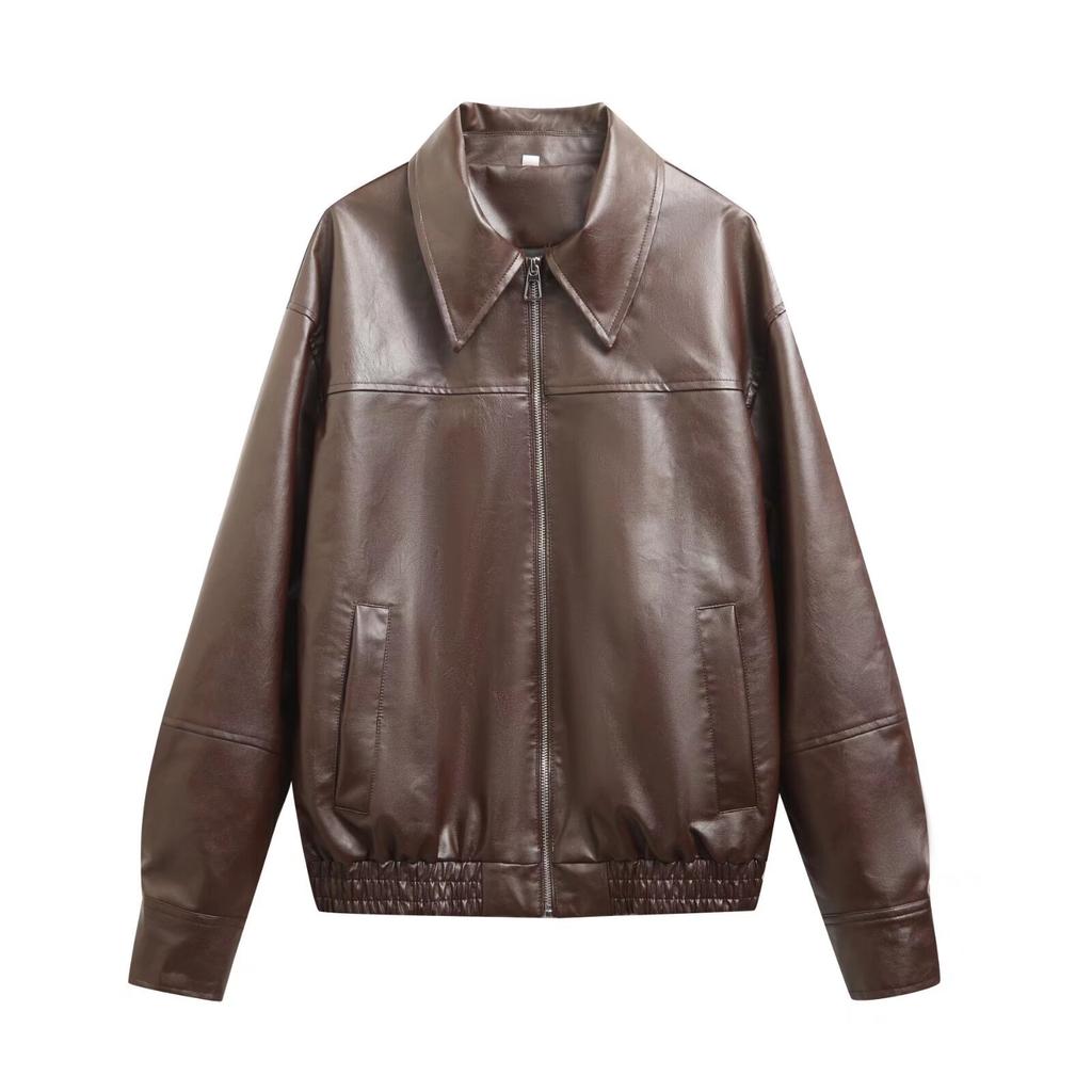 Cross-border foreign trade European and American women's clothing autumn and winter new pocket decoration PU leather imitation leather lapel solid