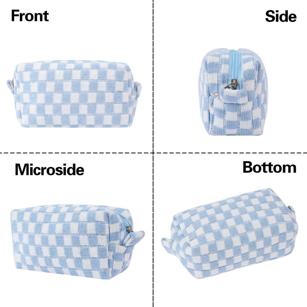 Ladies Small Knitted Zipper Closure Cosmetic Bag Plaid Pencil Case Travel Soft Checkered Makeup Pouch