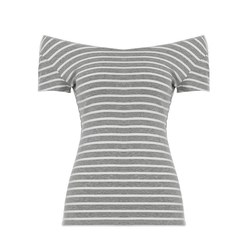 

Женская свободная повседневная футболка с короткими рукавами и открытыми плечами, полосатая, пуловер с круглым вырезом, облегающий низ, топ L светло-серый