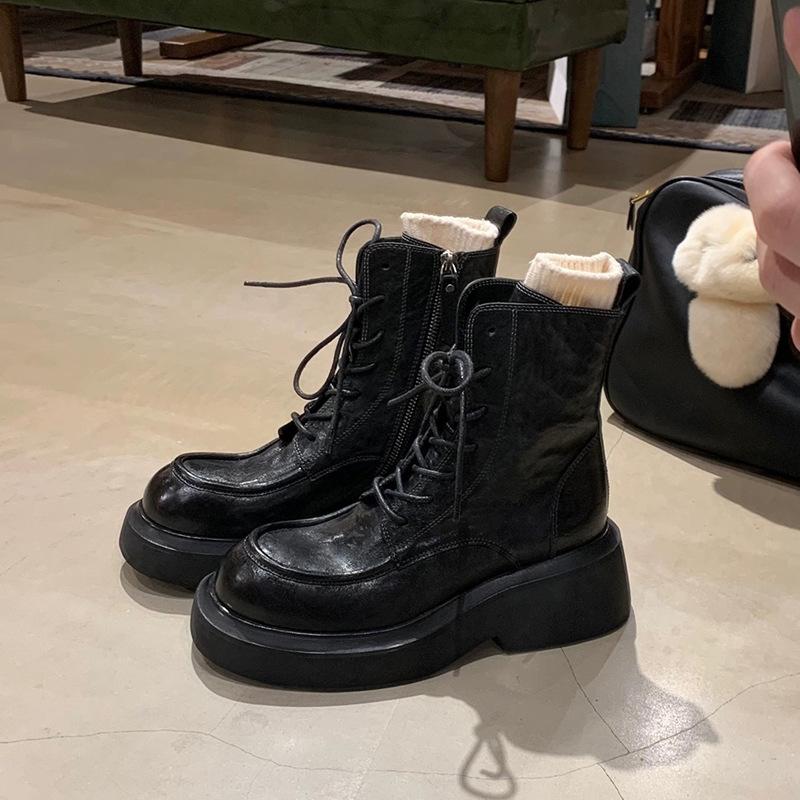 

Cowhide version~ Grape mother has the same autumn and winter new round head leather heightened thick bottom lace-up side zipper Martin boots for women 35