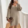 Autumn Women's V-Neck Bowknot Sweater Dress - Loose Knit Pullover