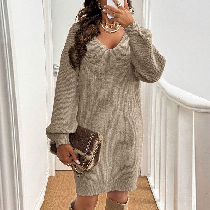 Autumn Women's V-Neck Bowknot Sweater Dress - Loose Knit Pullover