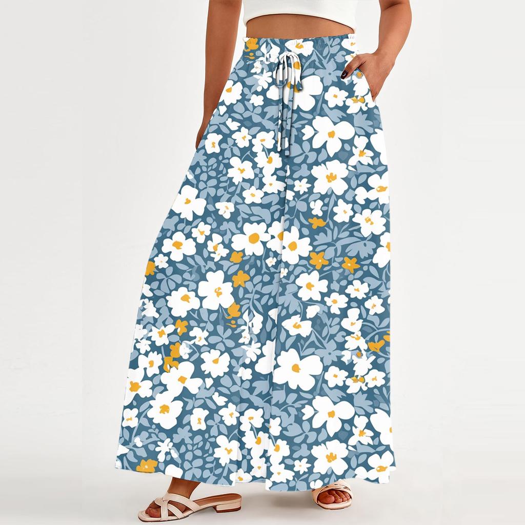 Women's Loose Casual Pants Bohemian Floral Print High Waistband Bag Flowing Pants