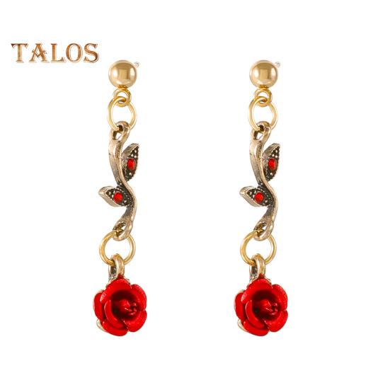 3 Pcs/Set Red Rose Jewelry Set Floral Theme Romance Vintage France Style Valentines Day Mothers Day Present Earrings Adjustable Rhinestone Necklace