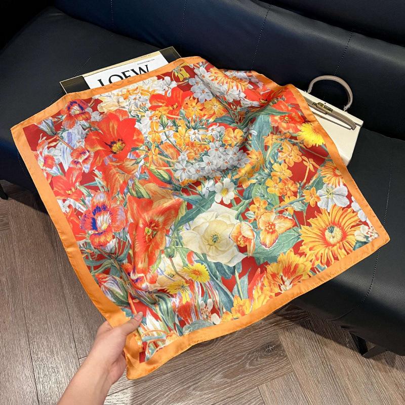 Fashion Black and White Printing Temperament Square Scarf Imitation Silk Korean Version Decorative Scarf Scarf Professional Decorative Shawl Silk Scar