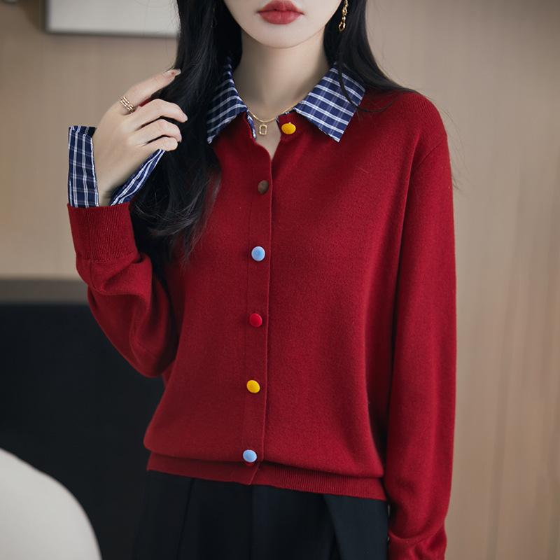 

Весенний новый клетчатый кардиган с лацканами, вязаный, с разноцветными пуговицами, свободный и универсальный плащ XXL красный