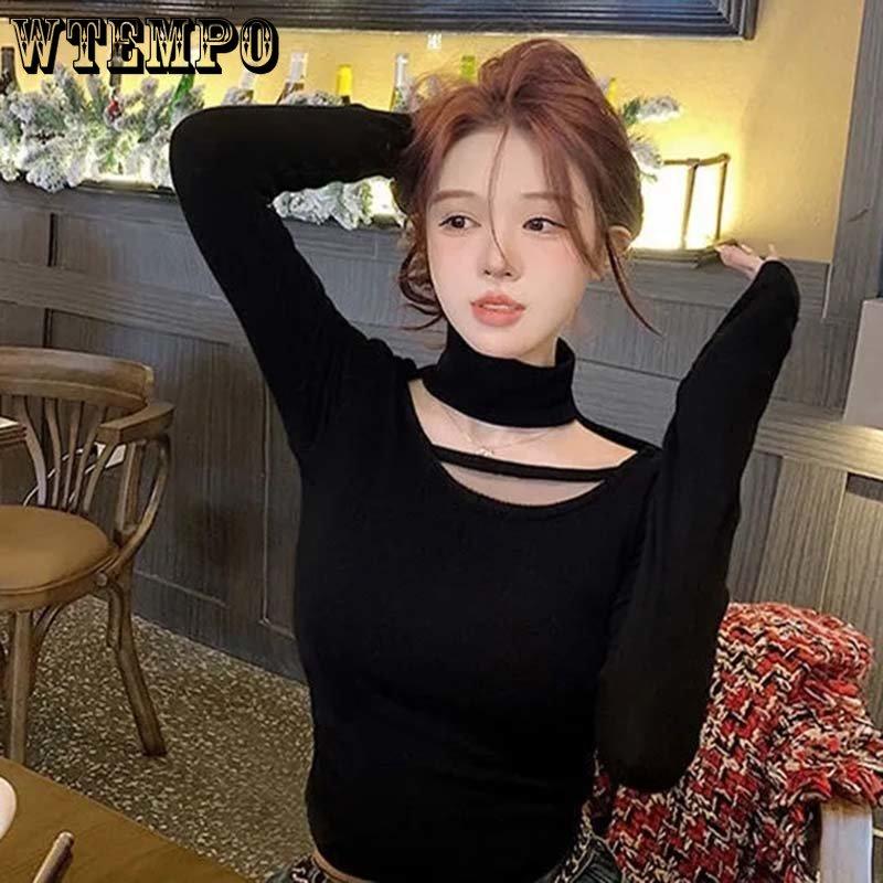 Schlanker dünner Stehkragen-Pullover mit ausgehöhlter Vorderseite Sexy einfarbige Damen Langarmshirt Eng anliegendes Hemd Lässig Frühling Sommer