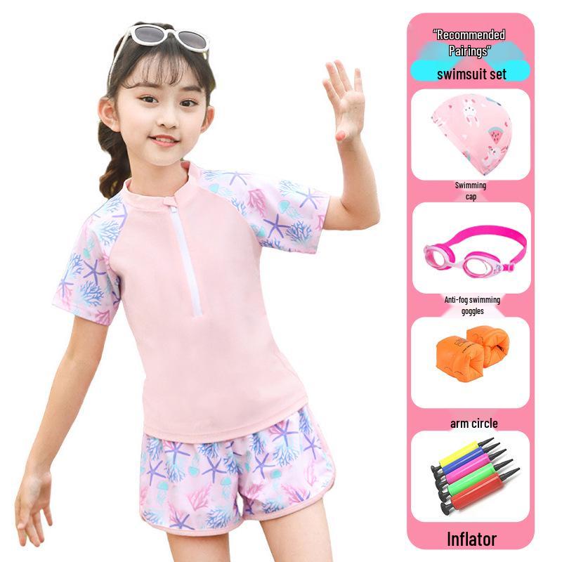 2025 New Japanese Floral Girls' Swimsuit Set with Swim Cap for Training