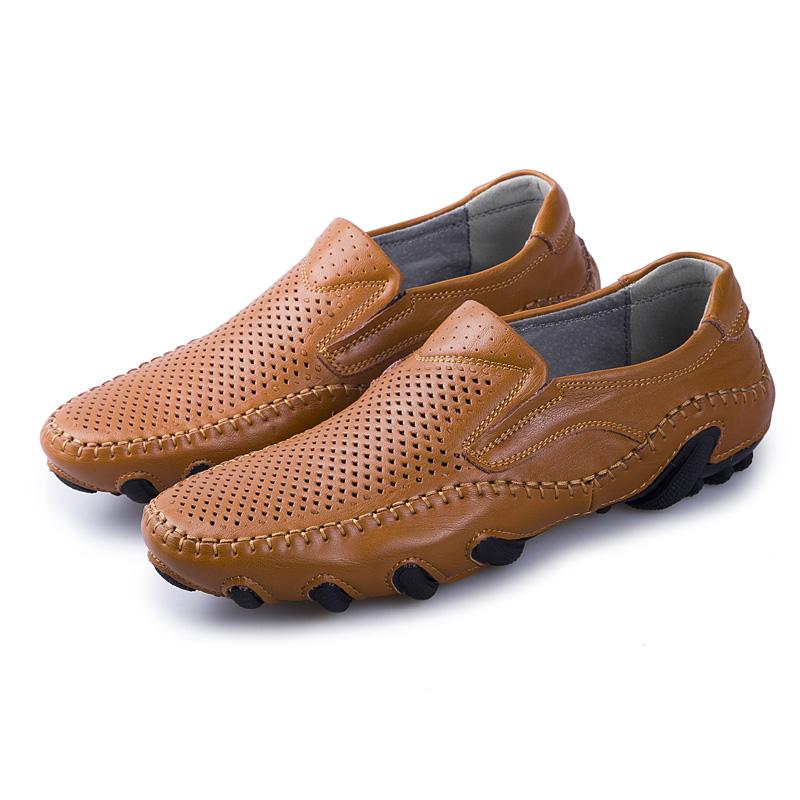 Summer New Men's Breathable Leather Casual Shoes Bean Business Leather Sewn Shoes For Men Male Comfortable Walking Shoes