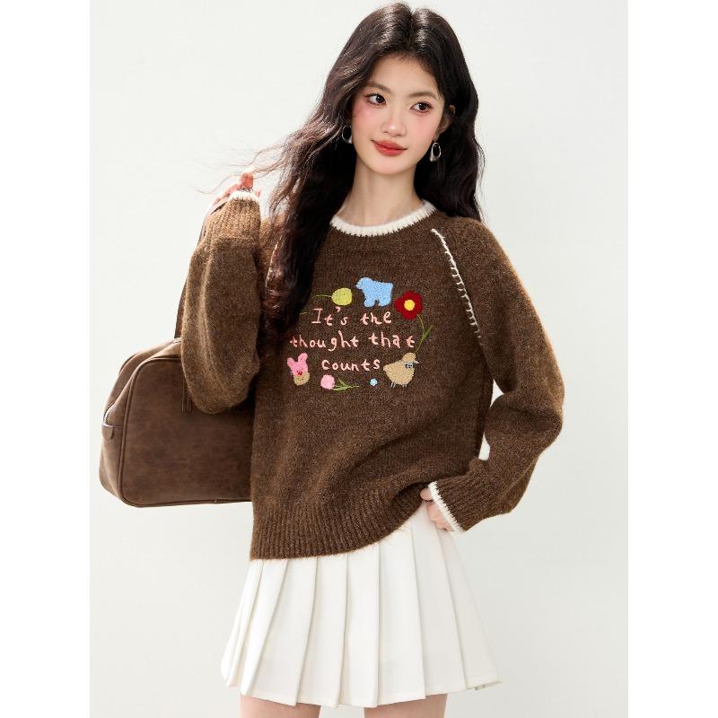 Vintage Embroidered Sweater Women Korean Style Loose Fit Casual Top Floral Design