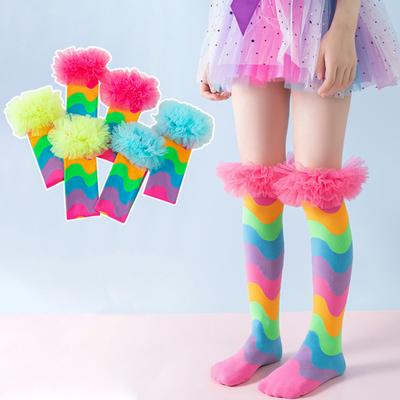 Kids Rainbow Knee Socks Colorful Knee High Socks Girls Funny Boot Socks with Tulle Frill for Dress-Up Parties Festive Events