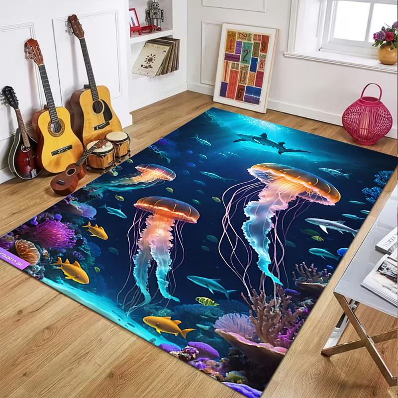 2D Underwater Ocean Area Rug Jellyfish Dolphin Turtle Sea Life Decorative Floor Mat for Living Room Bedroom Home Decor