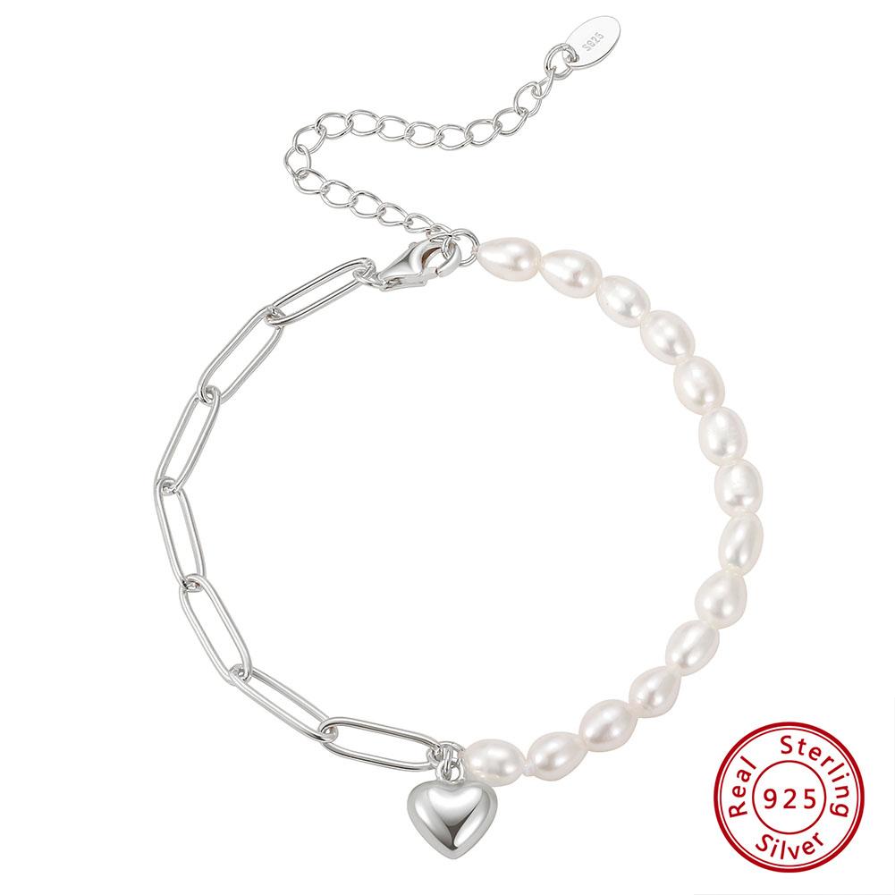 Pearl Jewelry 925 Silver Pearl Bracelet Heart Charm Paperclip Chain14K Gold Plated Freshwater Pearl Bracelet