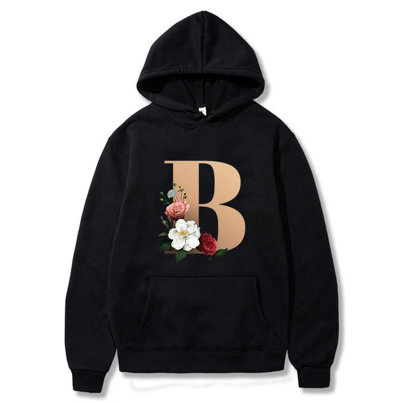A B C D E English Alphabet Printed Female Hoodie Women New Autunm Couples Lovers Long Sleeve Hoody Harajuku Casual Black Tops