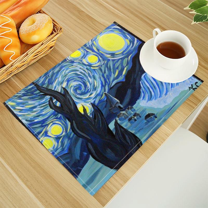 Van Gogh The Starry Night Print Linen Dining Table Mats Alphabet Kitchen Placemat 30X45cm Coasters Pads Bowl Cup Mat