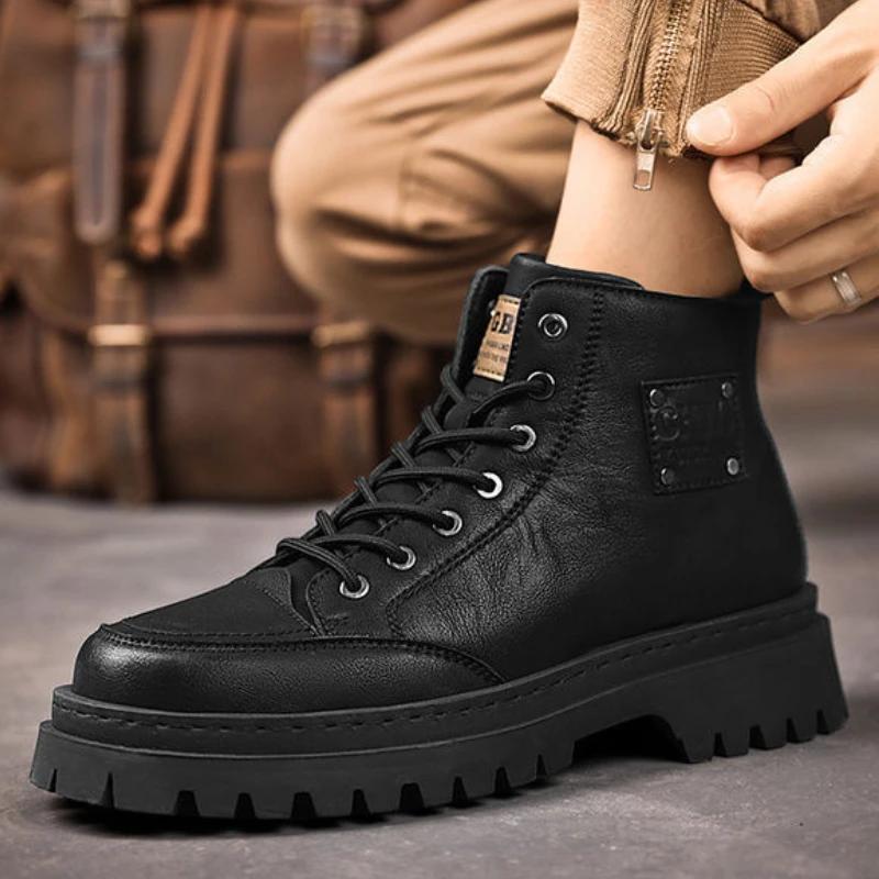 Men Boots Fashion Leather Men Motorcycle Boots Designer British Style Ankle Boots New Outdoor Non-Slip Men High Top Sports Shoes