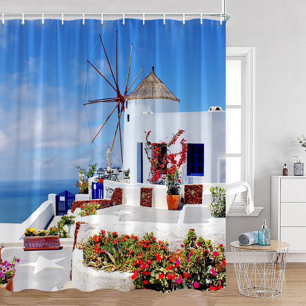 Greek Town Shower Curtain Greek Street View Sea View Blue Door Greece Scenery Bathroom Curtain Flower Plant Bath Decor with Hook