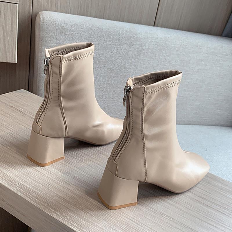 Back zipper thick heel short boots women's new soft leather square head thin versatile commuting non-grinding high heels