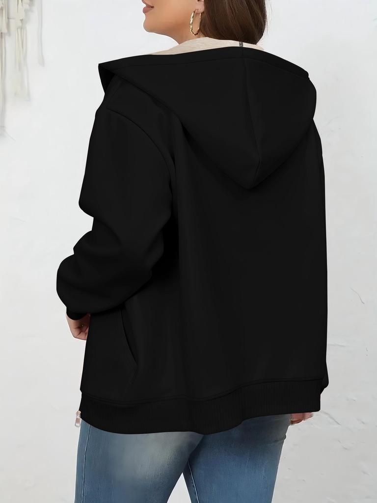 Plus Size Women's Winter Zipper Hoodie Cardigan - Solid Color, Lambswool Lined, US Sizes