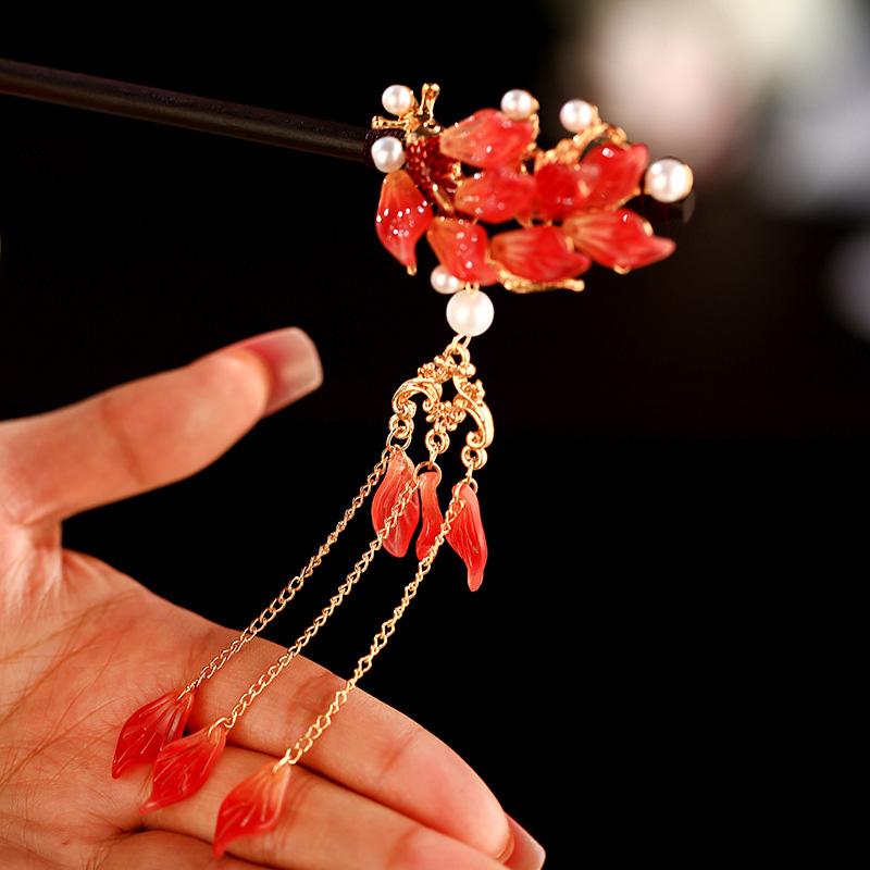 1 Stück Glas Fisch Haarnadel Antiker Kopfschmuck Sandelholz Haarnadel Frische Blütenblatt Haarnadel Neuer Chinesischer Stil Blütenblatt Quaste Haarnadel