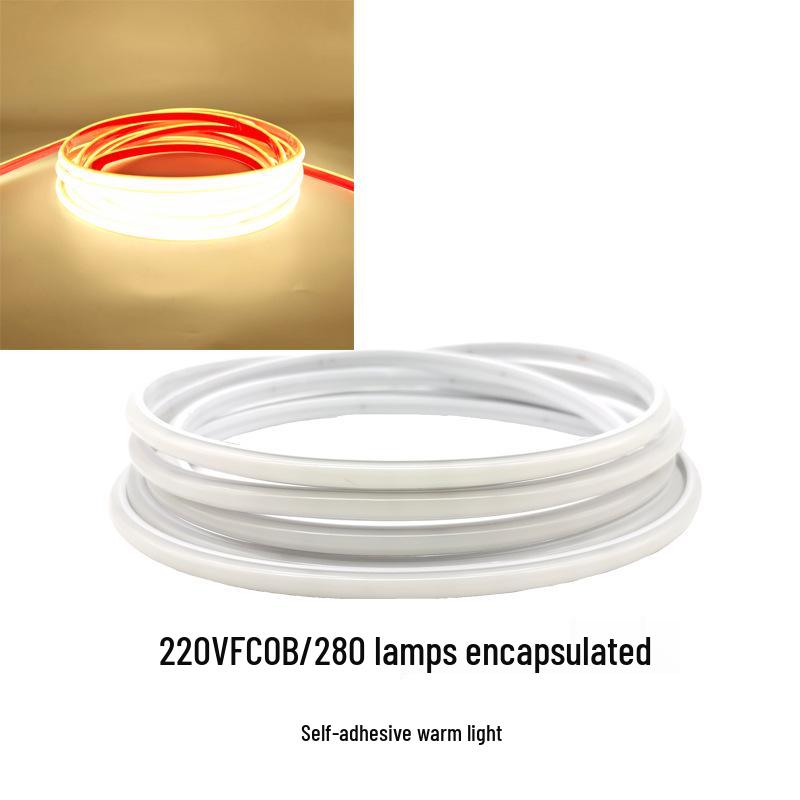 220V LED FCOB Strip - 240 LEDs, High Brightness, Even Illumination, 10cm Cuttable, Self-Adhesive.