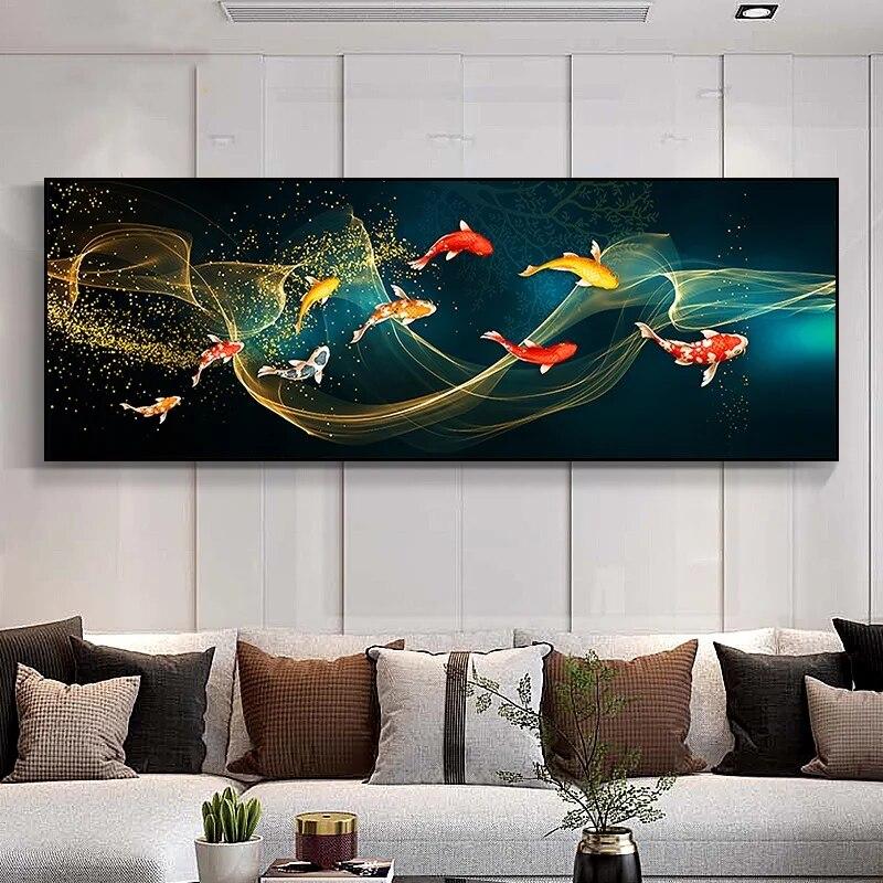 Chinese Style Koi Canvas Poster And Prints Nine Fish Illustration Feng Shui Carp Lotus Pond Wall ArtPainting For Decor No Frame
