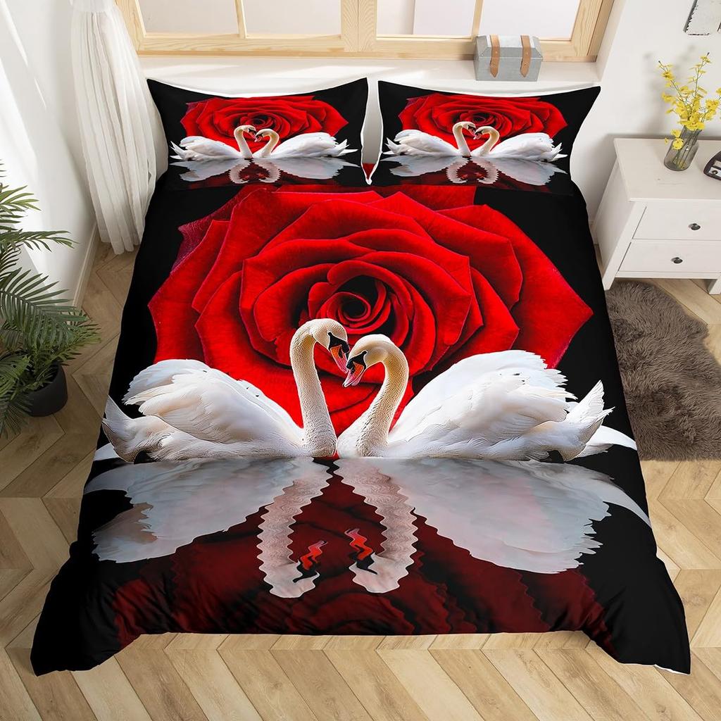 Comforter Romantic Swan Microfiber Flower Bedding Set Wild Animals Twin King For Girls Teen Adults Bedroom Decor