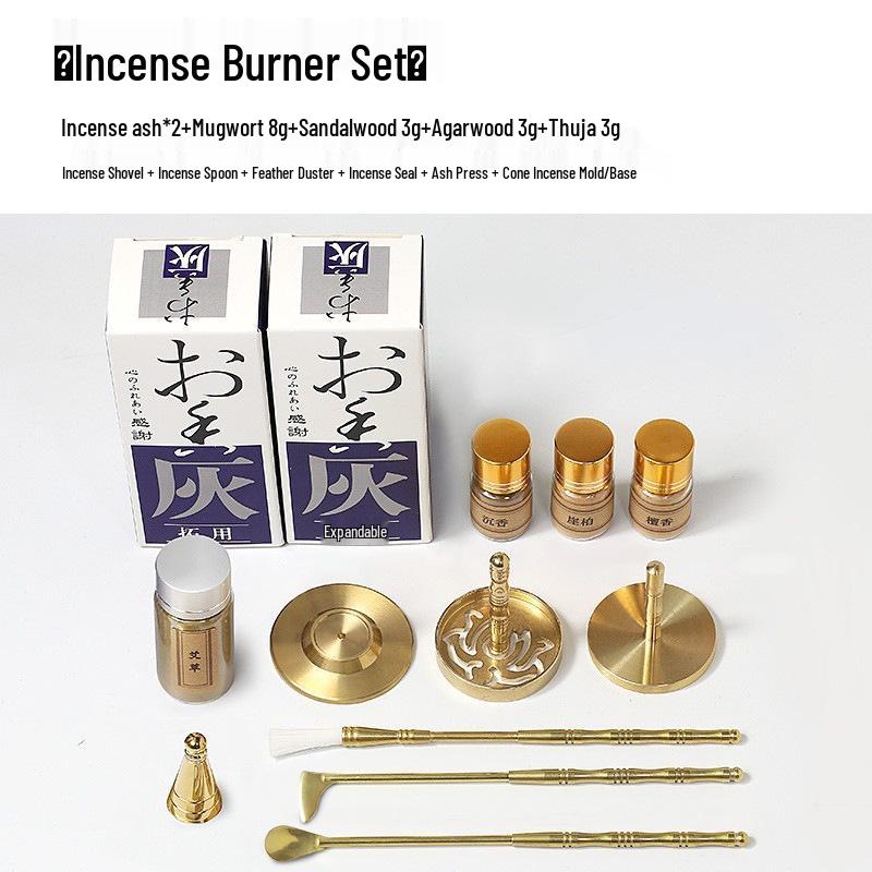 Brass Incense Ceremony Set: Seal Tools, Ash Press, Incense Powder, Burner, Shovel, Spoon, Stamp.
