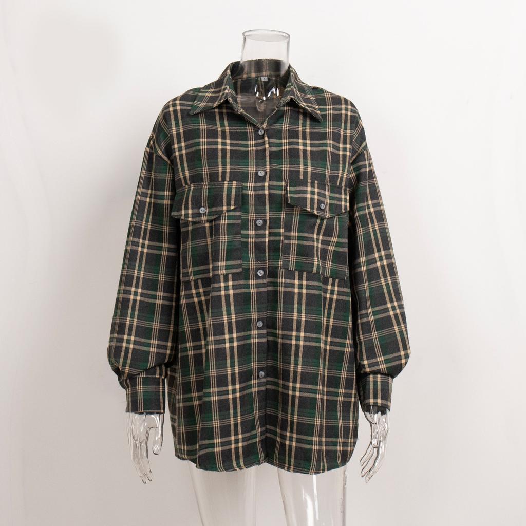 Checkered Shirt Women's Retro Double Pocket Checkered Striped Mid Length Shirt